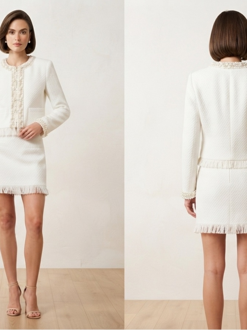 MAJORELLE Cream Textured Fringe-Trim Tweed Beaded Jacket Skirt Set